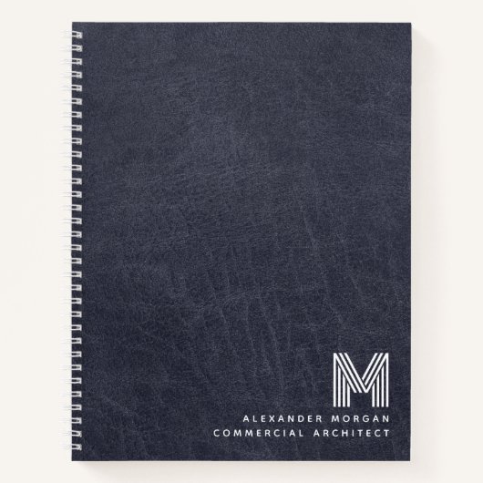 Blauw Lederen Vette Monogram Initialen Naam Notitieboek (Voorkant)