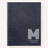 Blauw Leer Professionele Monogram Naam Notitieboek (Voorkant)