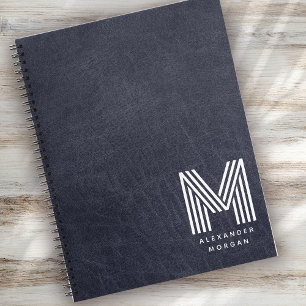 Blauw Leer Professionele Monogram Naam Notitieboek