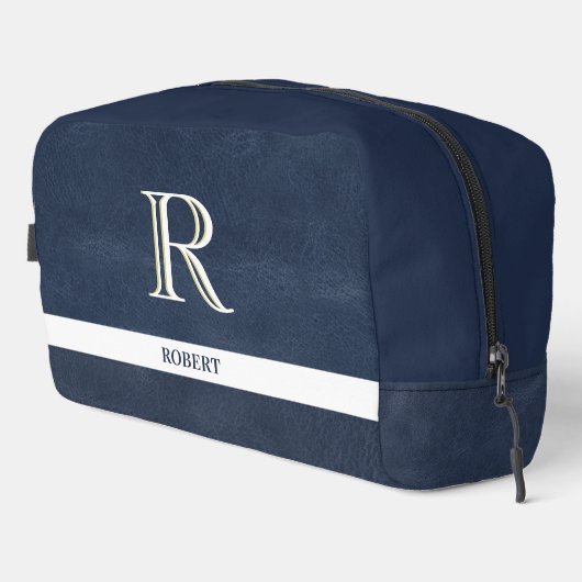 Blauw Leren Textuur Wit Monogram Naam Dopp Kit Toilettasje (Rechterhoek)