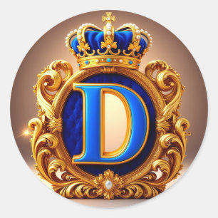 👑 Blauw Letter D Kroon Monogram Ronde Sticker
