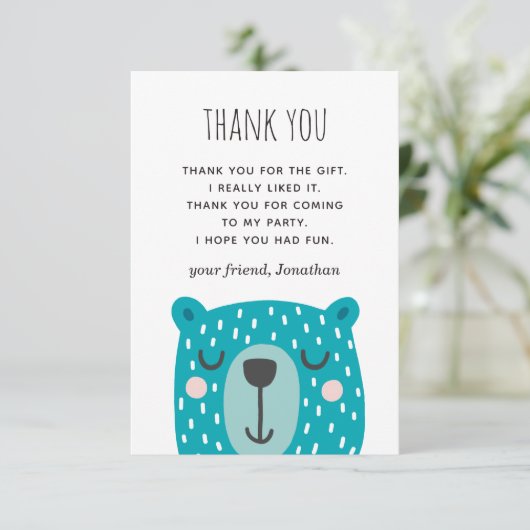 Blauw leuke grappige beer. Dieren jongens verjaard Bedankkaart (Staand voorkant)