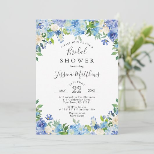 Blauw Licht Waterverf Hydrangea Bruids Shower Kaart (Staand voorkant)