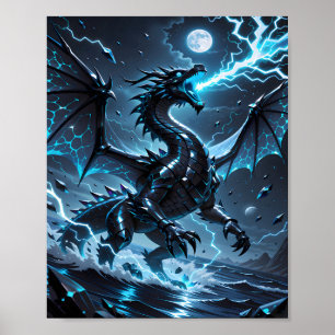 Blauw Licht Zwart Draak Storm Fantasie Poster