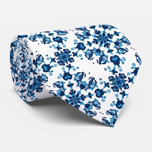Blauw, Lichtblauw & Wit Petal Groot Patroon Stropdas (Opgerold)
