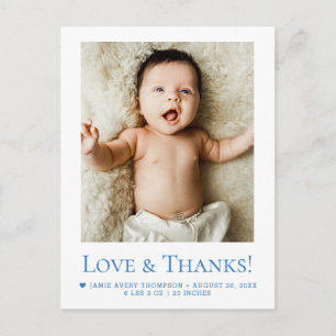 Blauw Liefde en Dank Baby Foto Geboorteaankondigin Briefkaart