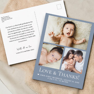 Blauw Liefde en Dank Baby Foto Geboorteaankondigin Briefkaart