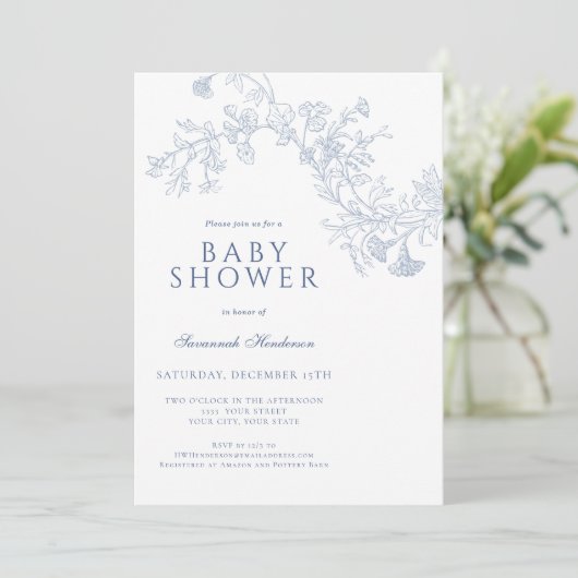 blauw lijn getekend bloemig Baby shower Kaart (Staand voorkant)