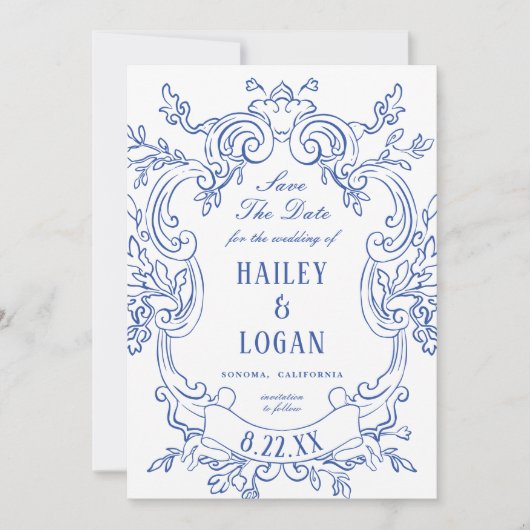 Blauw Lijst Bruiloft Opslaan De Datum Save The Date (Voorkant)