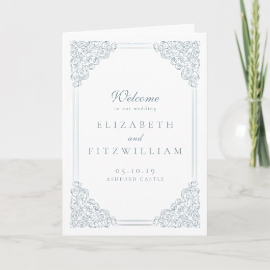  Blauw Lijst Elegant Script Gevouwen bruiloft Programma (Voorkant)