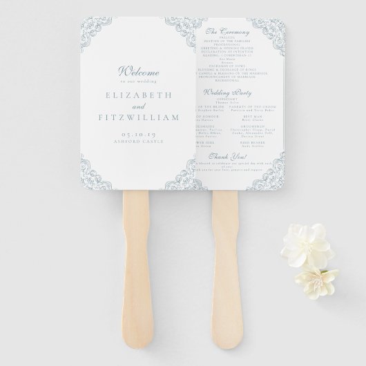  Blauw Lijst Elegant Script Trouwprogramma Handwaaier (Voorkant en achterkant)