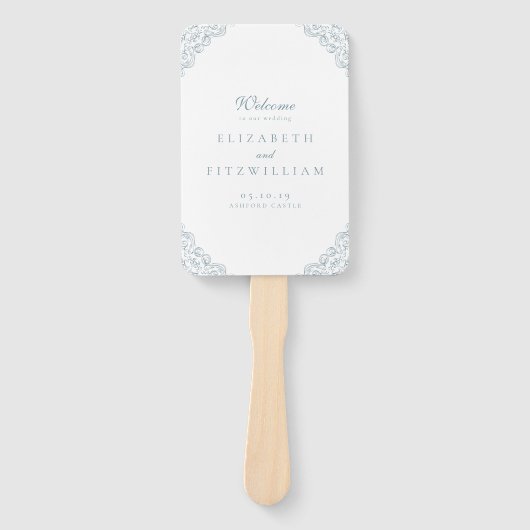  Blauw Lijst Elegant Script Trouwprogramma Handwaaier (Voorkant)