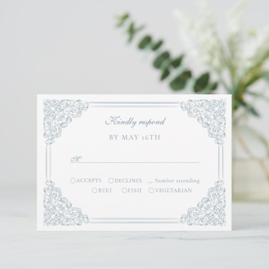  Blauw Lijst Elegant Script Wedding RSVP Kaartje (Staand voorkant)