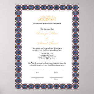 Blauw lijst Muslim nikkah Certificate poster