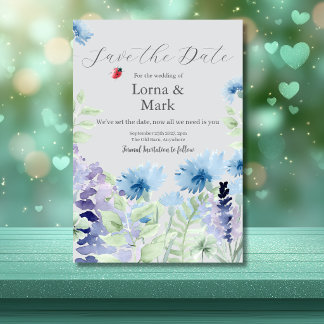 Blauw & Lila Bloemen Save The Date Kaart