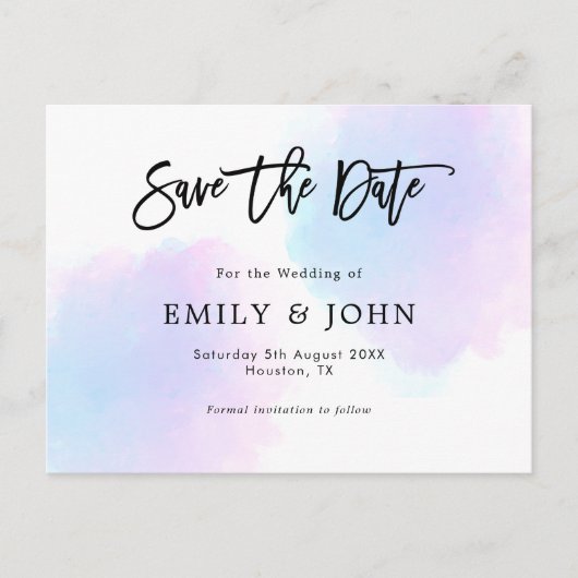 Blauw/Lila Waterverf/Script Wedding Sla de datum o Briefkaart (Voorkant)