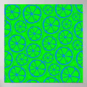 Blauw Limoen Lemon Patroon met Neon Green Backgrou Poster