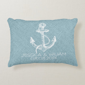 Blauw linnen print & witte boot anker decoratief kussen