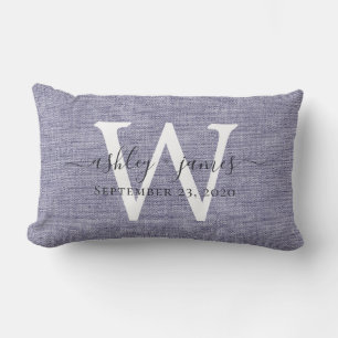 Blauw Linnen Witte Monogram Trouwherinnering Kussen