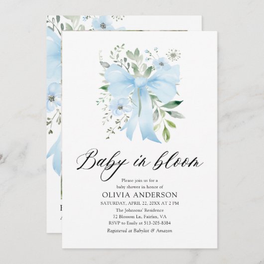 Blauw lint baby in bloei bloemige jongens baby sho kaart (Voorkant / Achterkant)