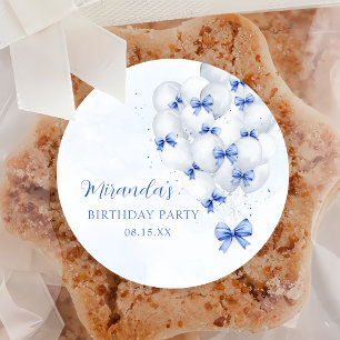 Blauw lint ballonnen verjaardagssticker ronde sticker