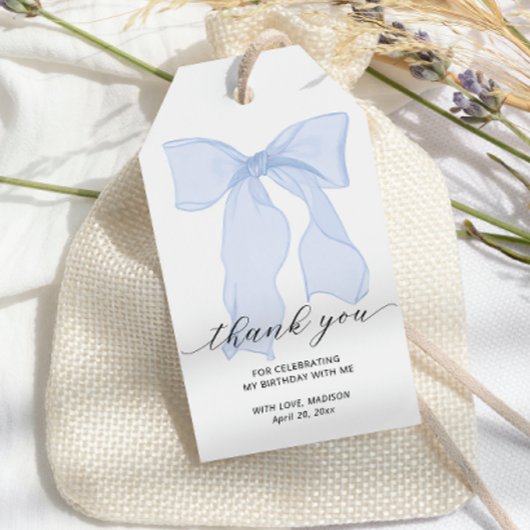 Blauw lint bedankingsfavoriet cadeaulabel