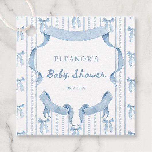 Blauw lint Coquette Blauwe Jongen baby Shower Bedankjes Labels (Voorkant)