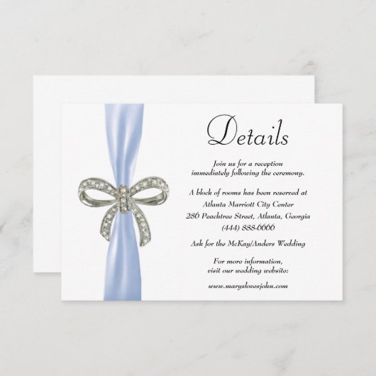 Blauw lint Diamant Bow Bruiloft Details Informatiekaartje (Voorkant / Achterkant)