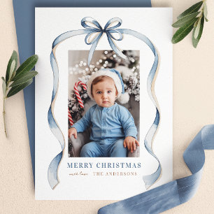 Blauw lint gegolfde lintframe Vrolijk Kerstmis Fot Feestdagenkaart
