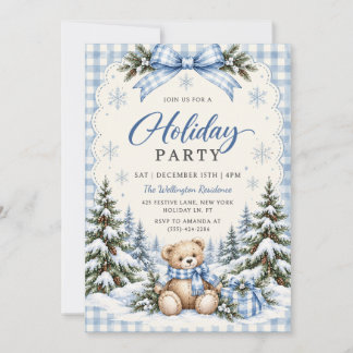 Blauw lint geruit teddybeer feestje kaart