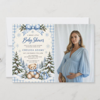 Blauw lint geruite teddybeer babyshower foto kaart