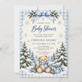 Blauw lint geruite teddybeer babyshowerfeest kaart
