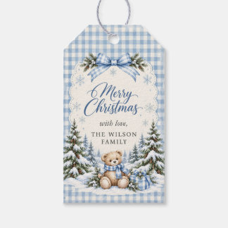 Blauw lint geruite teddybeer kerstfeest cadeaulabel