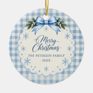 Blauw lint geruite teddybeer kerstfeest keramisch ornament