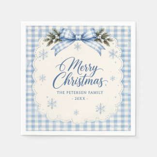 Blauw lint geruite teddybeer kerstfeest servet
