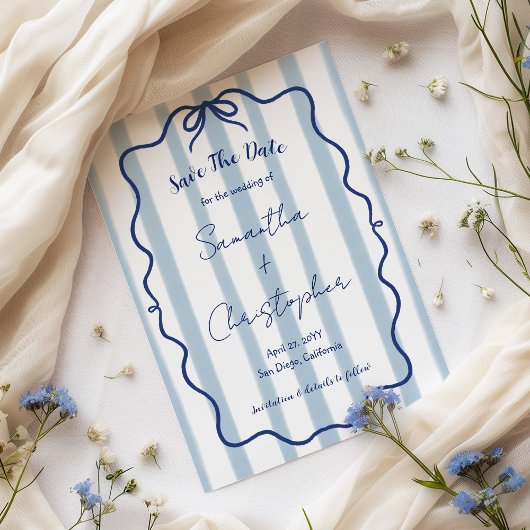 Blauw lint golvend kader whimsical bruiloft save the date