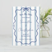 Blauw lint golvend kader whimsical bruiloft save the date (Staand voorkant)