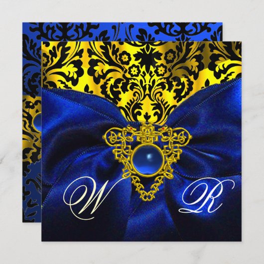 BLAUW LINT GOUD KELTISCH HART DAMAST MONOGRAM KAART (Voorkant / Achterkant)