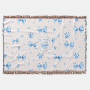 Blauw Lint, Hart & Poot Print Patroon op Wit Deken