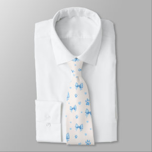 Blauw Lint, Hart & Poot Print Patroon op Wit Stropdas