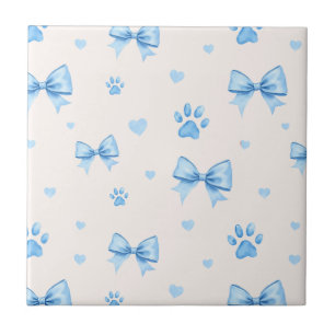 Blauw Lint, Hart & Poot Print Patroon op Wit Tegeltje