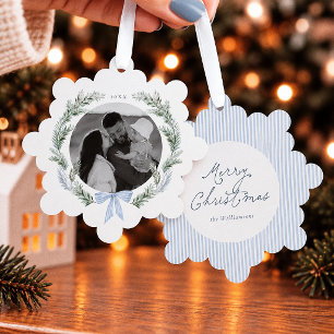Blauw lint krans botanische Kerst foto Ornament Kaart