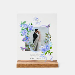 Blauw lint met roos monogram foto bruiloft acryl bord