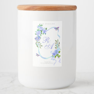 Blauw lint Monogram Bruiloft  Voedselcontainer Etiket