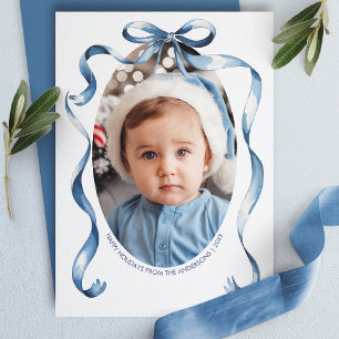 Blauw lint ovale lijst kerstfoto feestdagenkaart