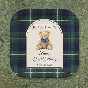 Blauw lint preppy teddybeer 1e verjaardag papieren bordje