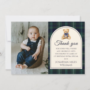 Blauw lint teddybeer tartan verjaardagsfoto bedankkaart