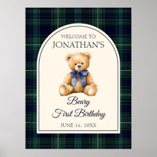 Blauw lint teddybeer verjaardags welkomstbord poster
