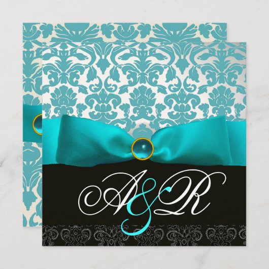 BLAUW LINT TURQUOISE WIT ZWART DAMAST MONOGRAM KAART (Voorkant / Achterkant)