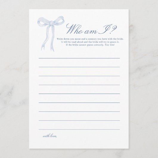 Blauw lint Wie ben ik Bruidsfeest Spel Advieskaart (Voorkant)